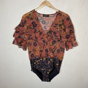 Zara Accesories Sheer Floral Bodysuit Ruffle Sleeve V-Neck Cottagecore Small